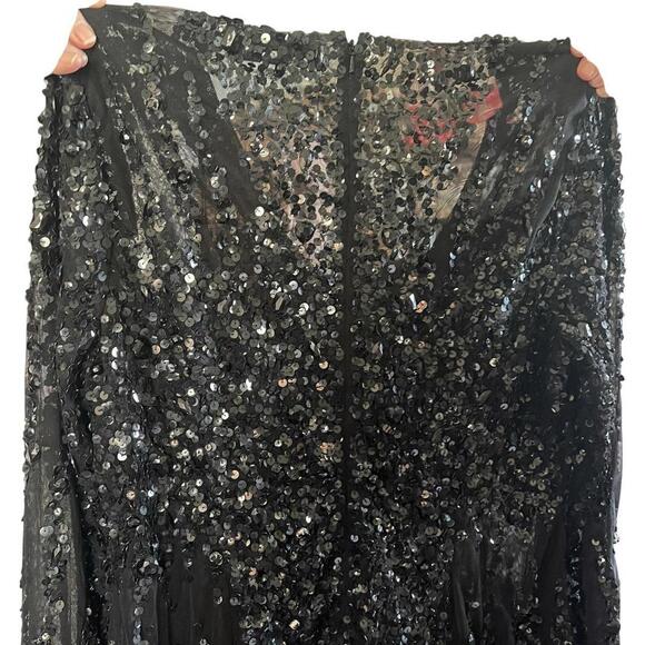 Mac Duggal Black Sequin Mesh Sheer Mini Dress Long Sleeve V Neck Party Sz 12 - Picture 6 of 8